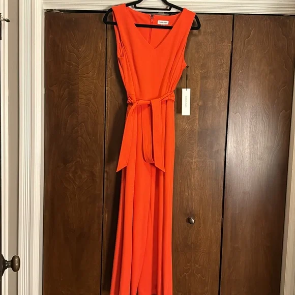 Calvin Klein Sleeveless Jumpsuit Size 8 Orange/Red poppy color - Picture 4 of 8